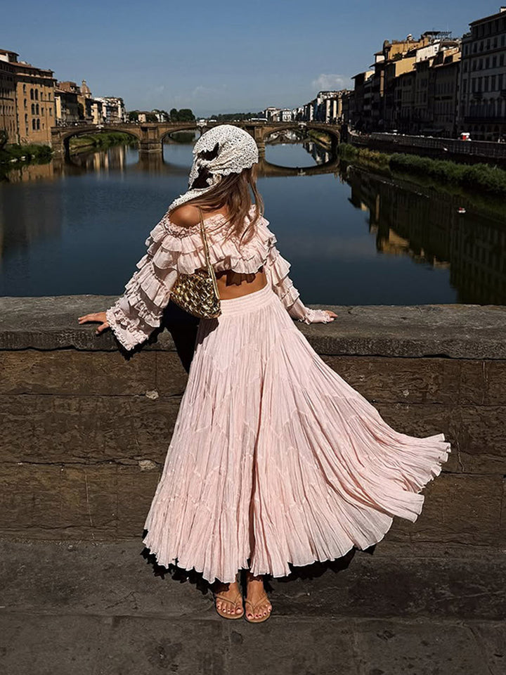 Damen Boho Zweiteiler mit bauchfreiem Volant-Top und plissiertem Maxirock Drune