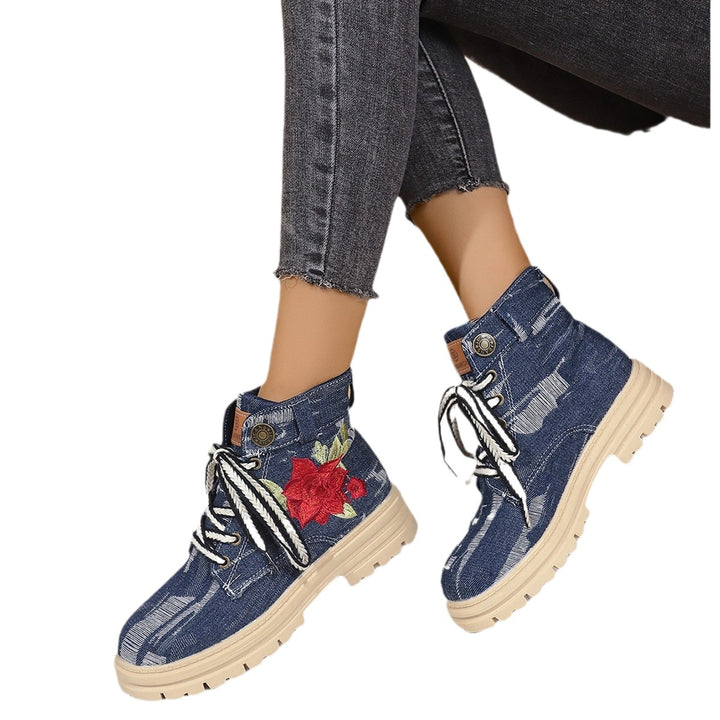 Damen Modische Schnürstiefeletten mit floralem Stickmuster und rutschfester Sohle Drune