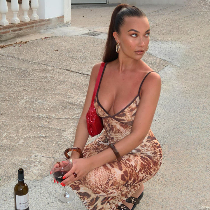 Damen ärmelloses Maxikleid mit schickem Animal-Print und figurbetontem Schnitt Drune