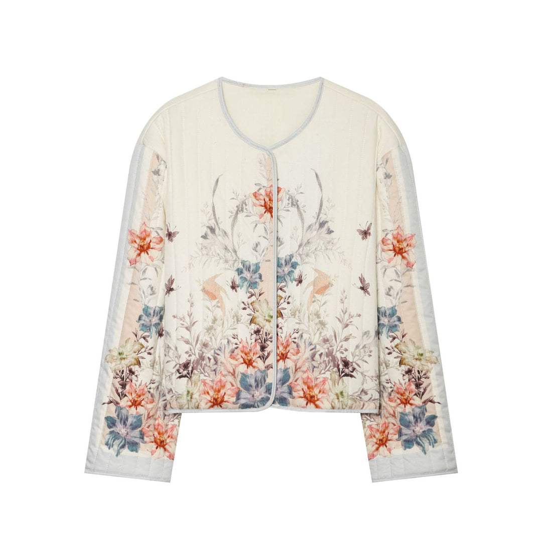 Damen Gepolsterte Cropped Jacke mit floralem Alloverprint und Rundhalsausschnitt Drune