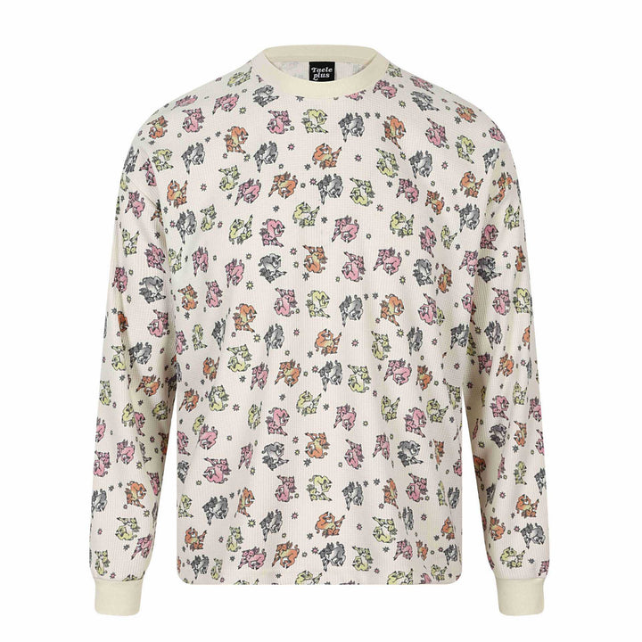 Damen Waffel‑Thermalshirt mit verspieltem Allover‑Print und geripptem Rundhals Drune
