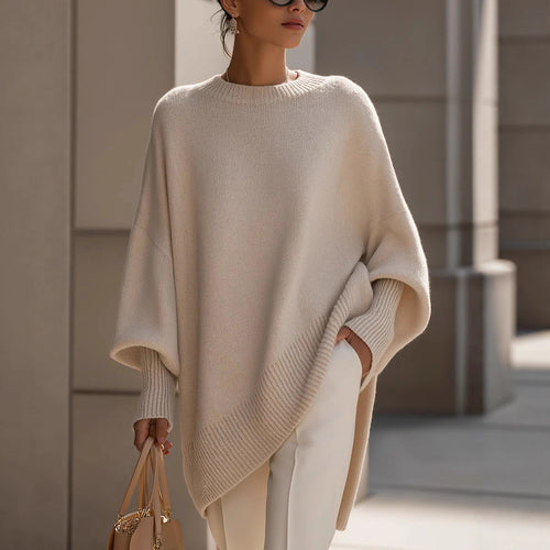 Damen nan Oversize Strickponcho mit asymmetrischem Saum und gerippten Ärmeln Drune