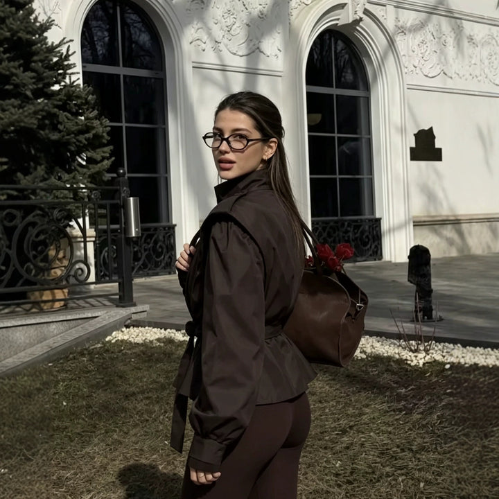Damen Taillierte Kurzjacke mit Bindegürtel und Volant-Saum Drune