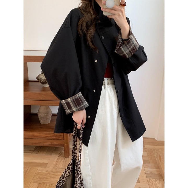 Damen Oversized Kurzjacke mit Druckknopfleiste und karierter Ärmelaufschlag Drune