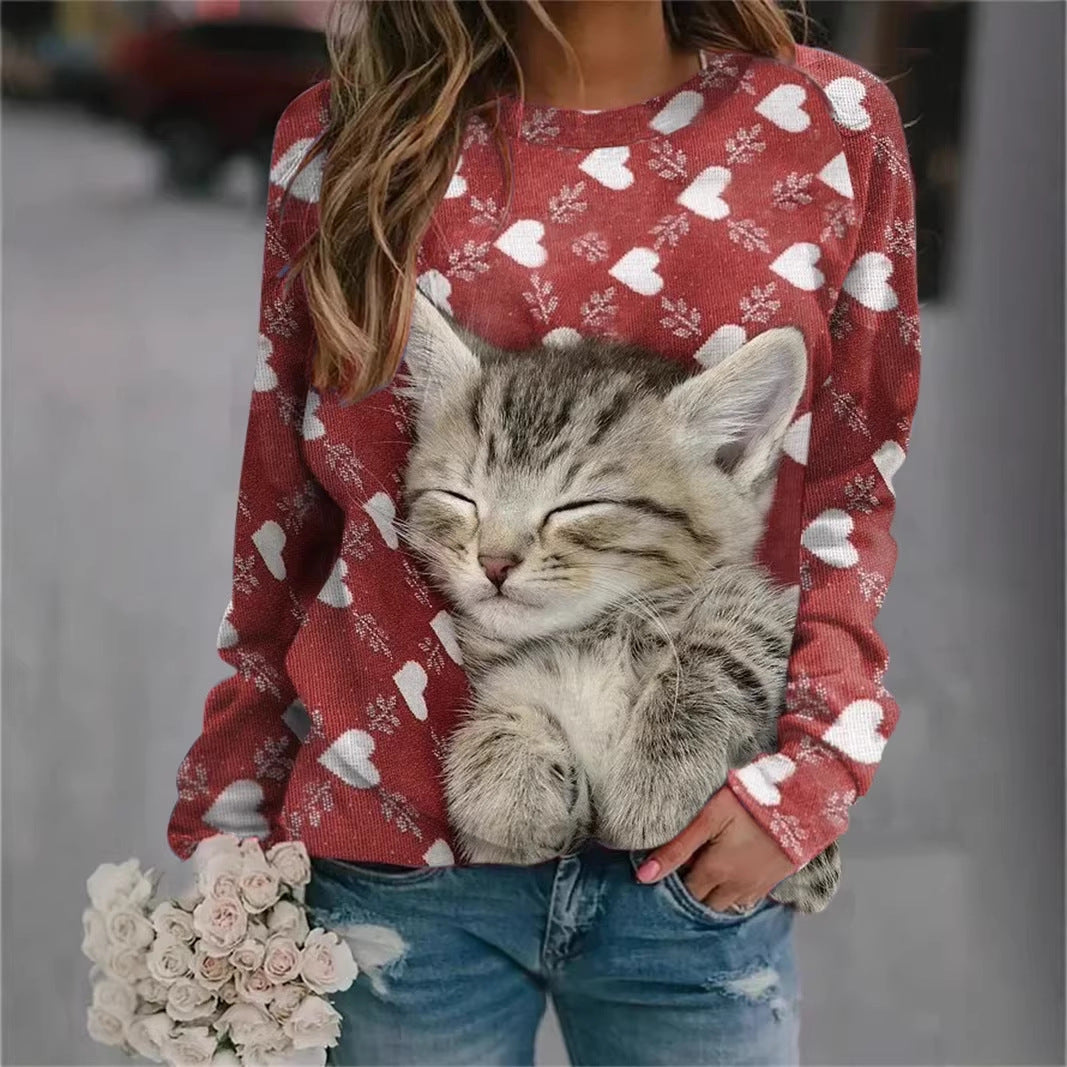 Damen Gemütlicher Übergroßer Fleece-Pullover mit Großem Welpenfoto-Print Drune
