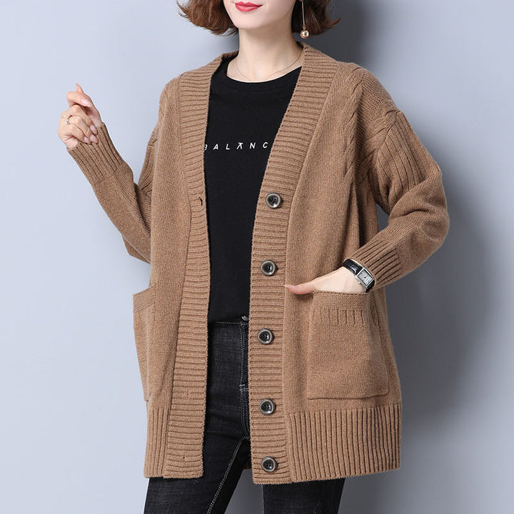 Damen gemütliche Strickjacke mit tiefem Rippenmuster und praktischen Taschen Drune