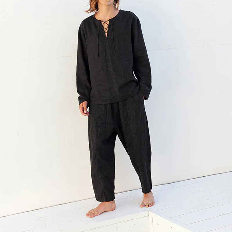 Herren Lockeres Leinen‑Look Freizeitset mit Schnürkragen und weiten Haremshosen Drune