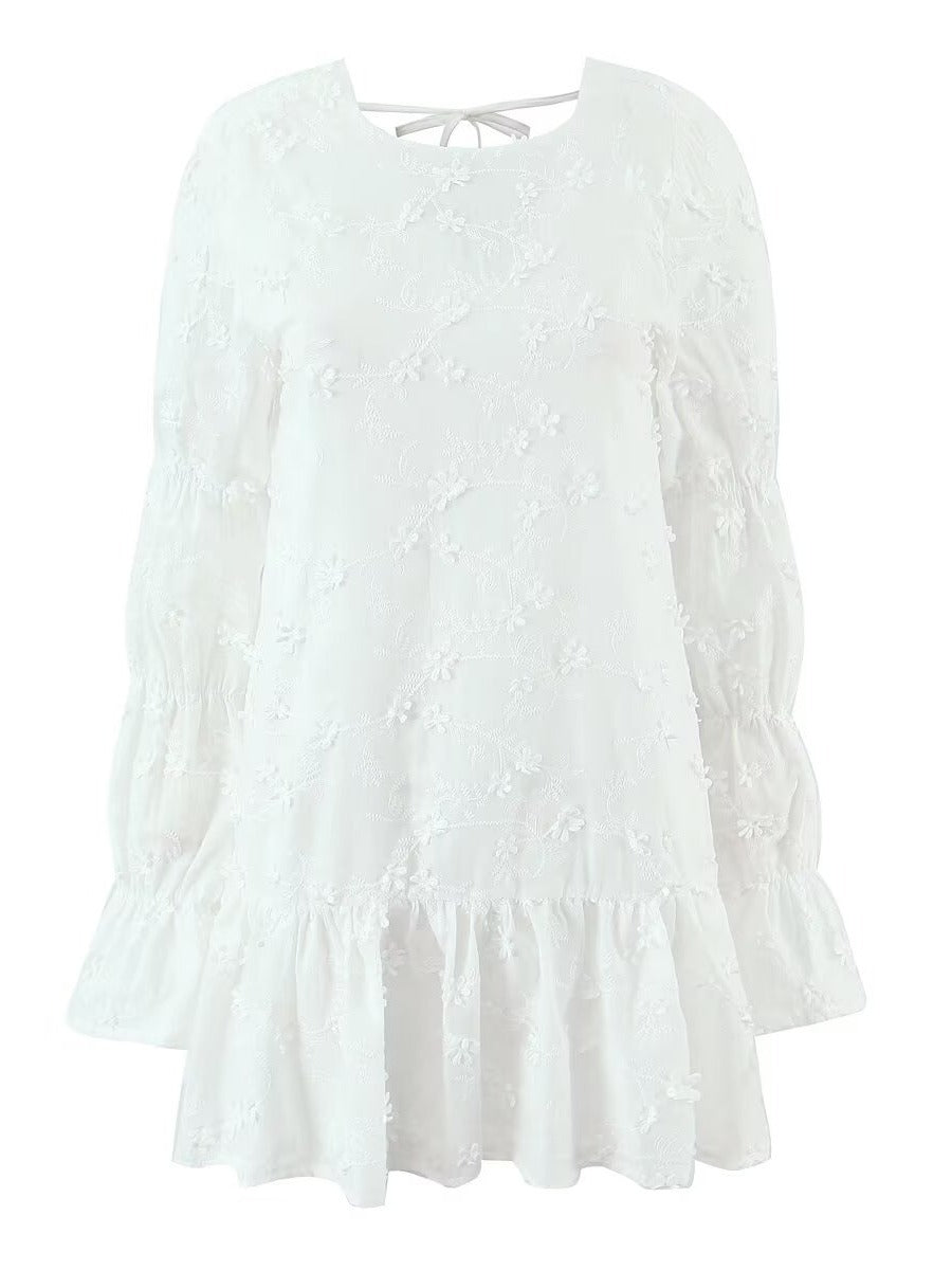 Damen luftiges Tunika-Kleid mit floralen Stickereien und Rüschensaum Drune