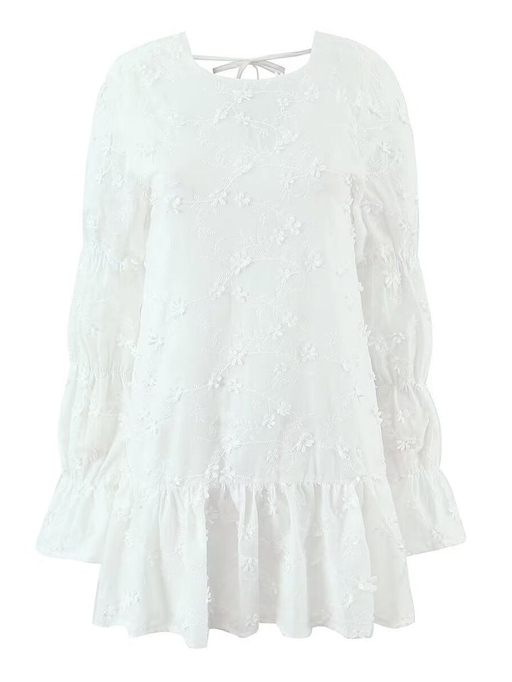 Damen luftiges Tunika-Kleid mit floralen Stickereien und Rüschensaum Drune