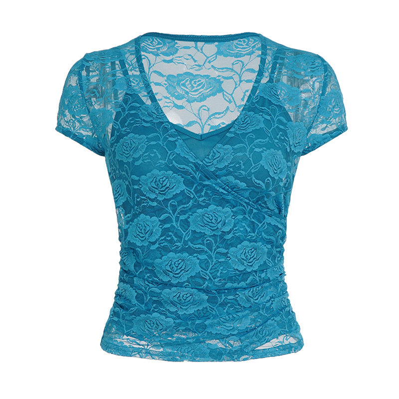 Damen Spitzentop mit floralem Muster und V-Ausschnitt Drune
