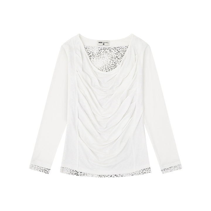 Damen Figurumschmeichelndes Langarmshirt mit Wasserfall-Drapierung und Animal-Inneneinsatz Drune