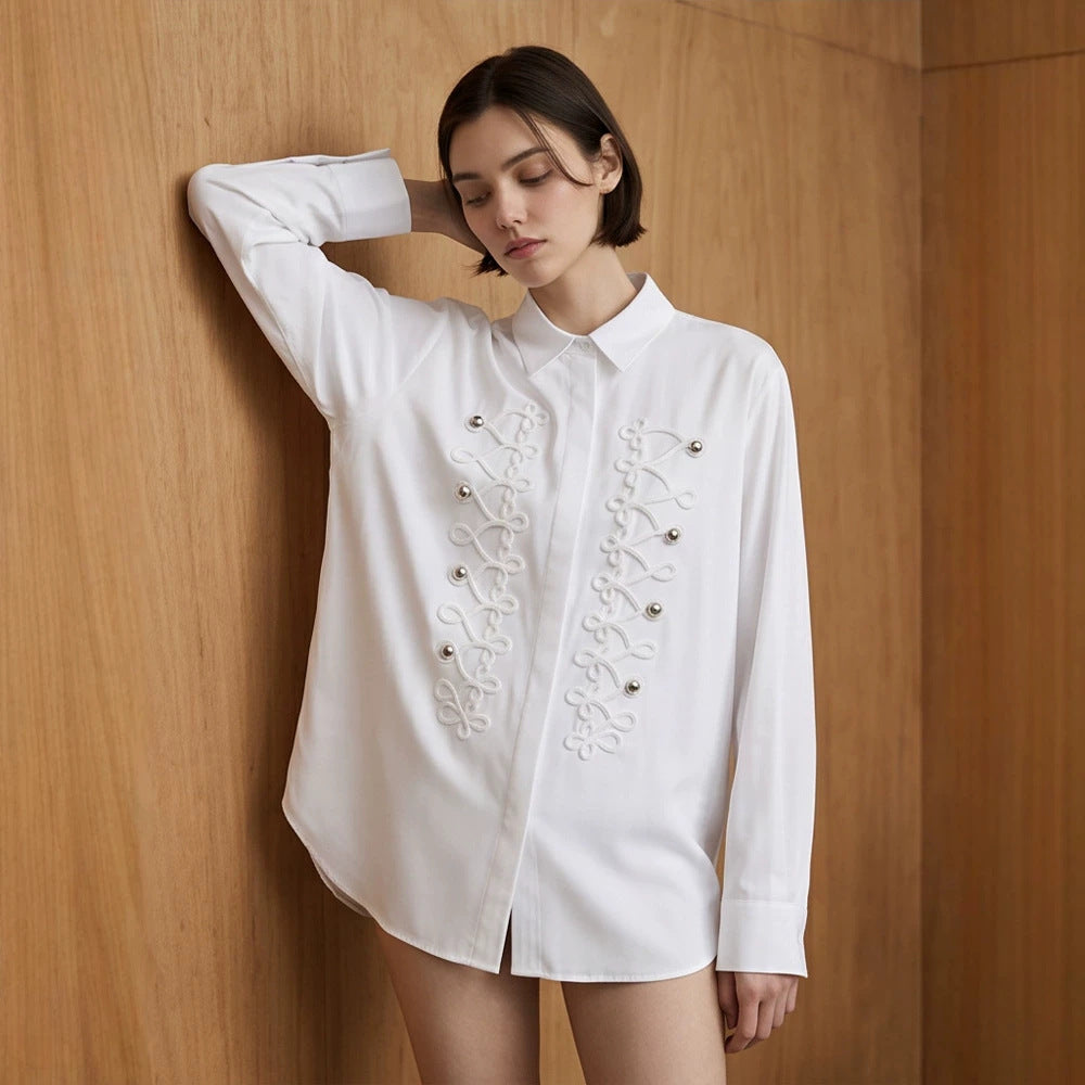Damen Verziertete Hemdbluse mit dekorativer Kordelapplikation Drune