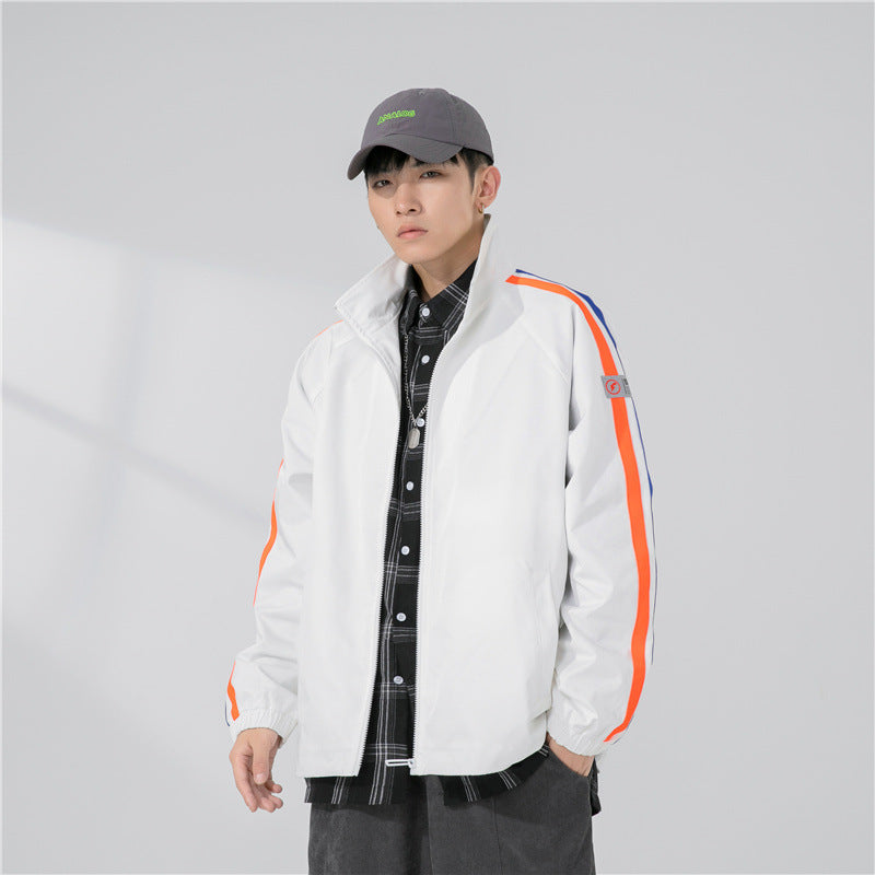 Herren Locker geschnittene Trackjacke mit Stehkragen, kontrastierenden Streifenärmeln und elastischen Bündchen Drune