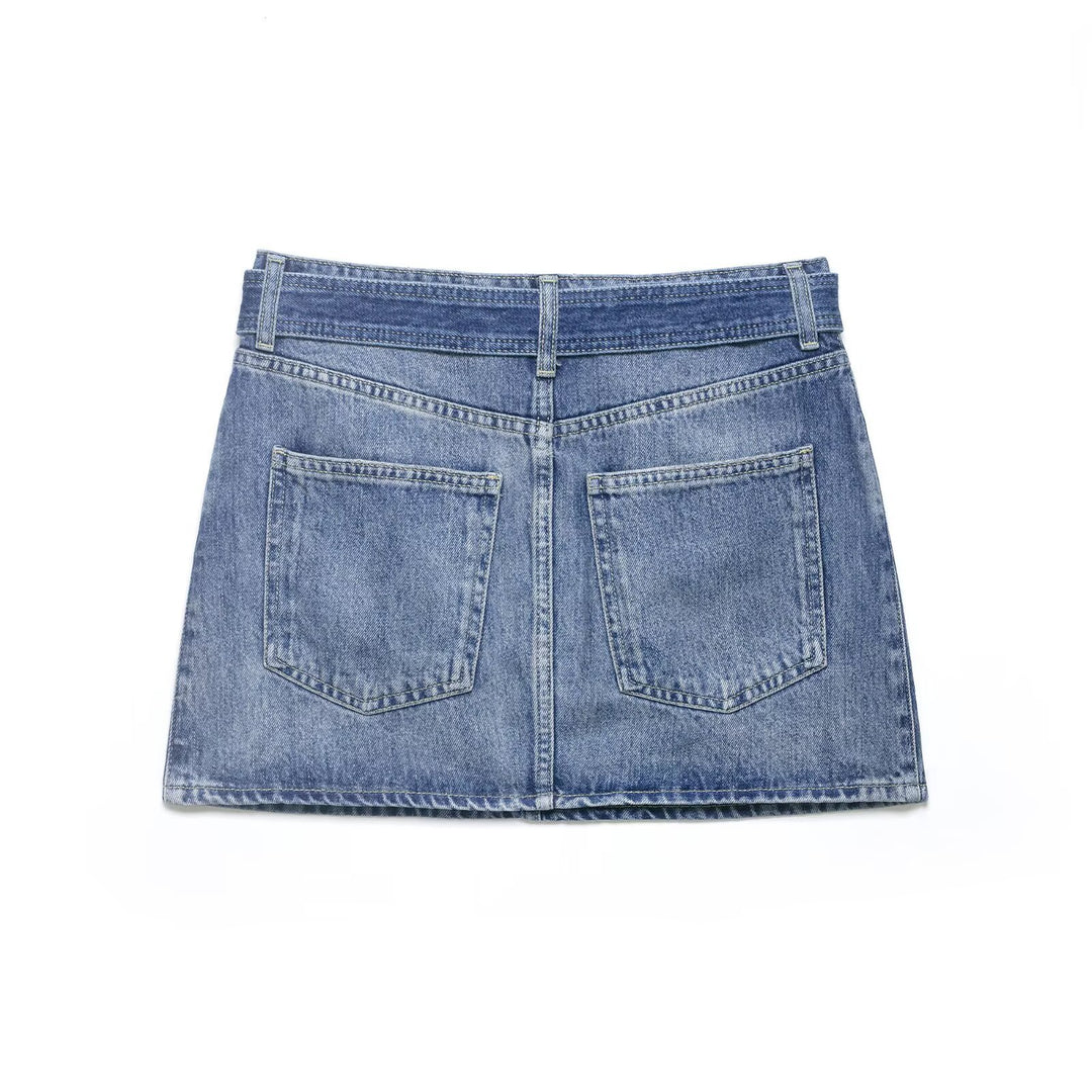 Damen Jeansrock mit verstellbarem Gürtel und klassischen Taschen Drune