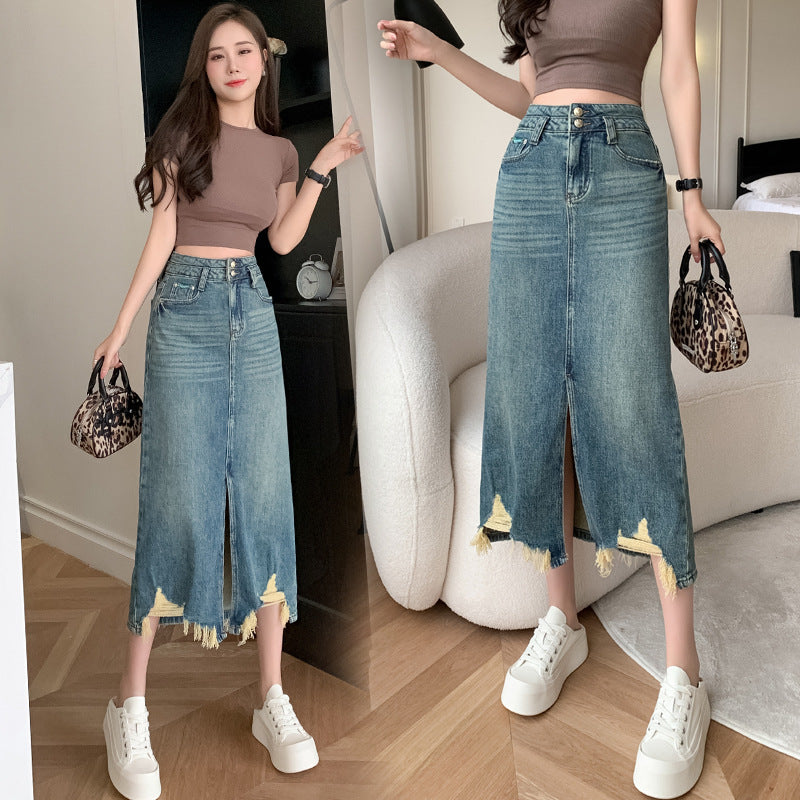 Damen Langer Denimrock mit seitlichem Schlitz und fransigem Saum Drune