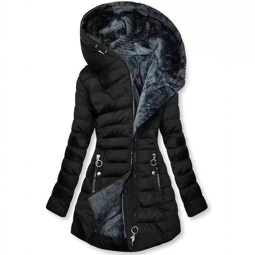 Damen Taillierter Steppmantel mit Oversize-Kapuze, kuscheligem Teddyfutter und Zierringen am Reißverschluss Drune