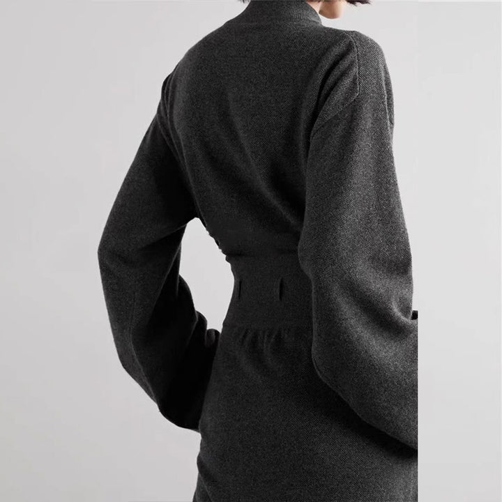 Damen eleganter Strickkleid mit Taillengürtel Drune