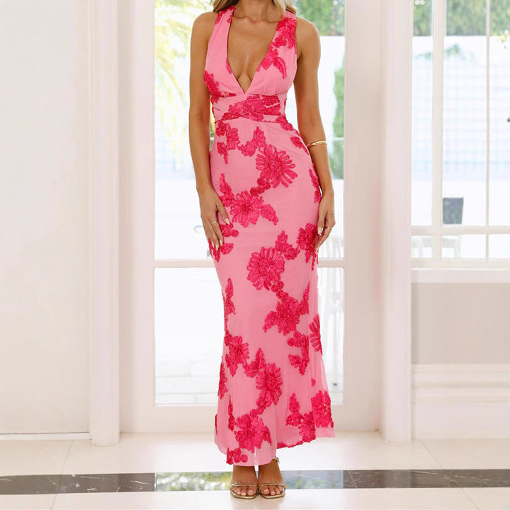 Damen Elegantes Maxikleid mit tiefem V-Ausschnitt und floralen Stickereien Drune
