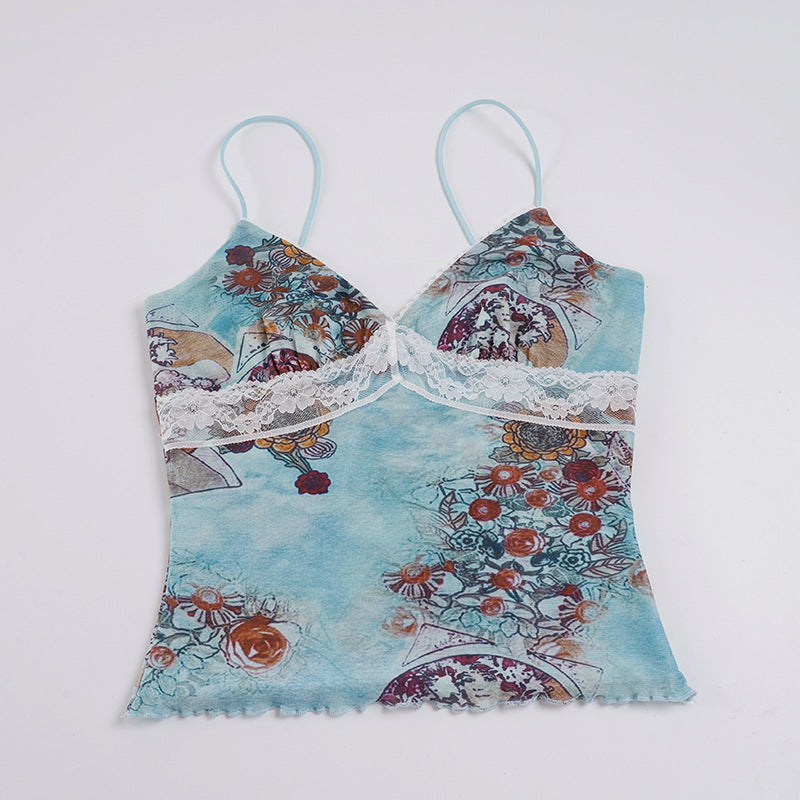 Damen Spaghetti-Trägershirt mit floralen Muster und zarter Spitzenverzierung Drune