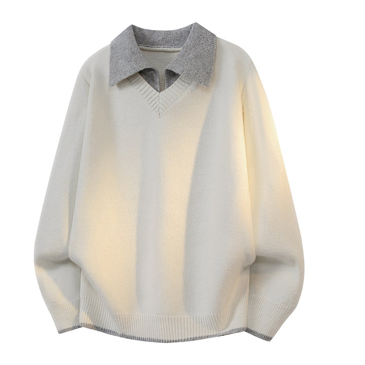 Unisex Oversize Strickpullover mit Kontrastpolokragen und V-Ausschnitt Drune