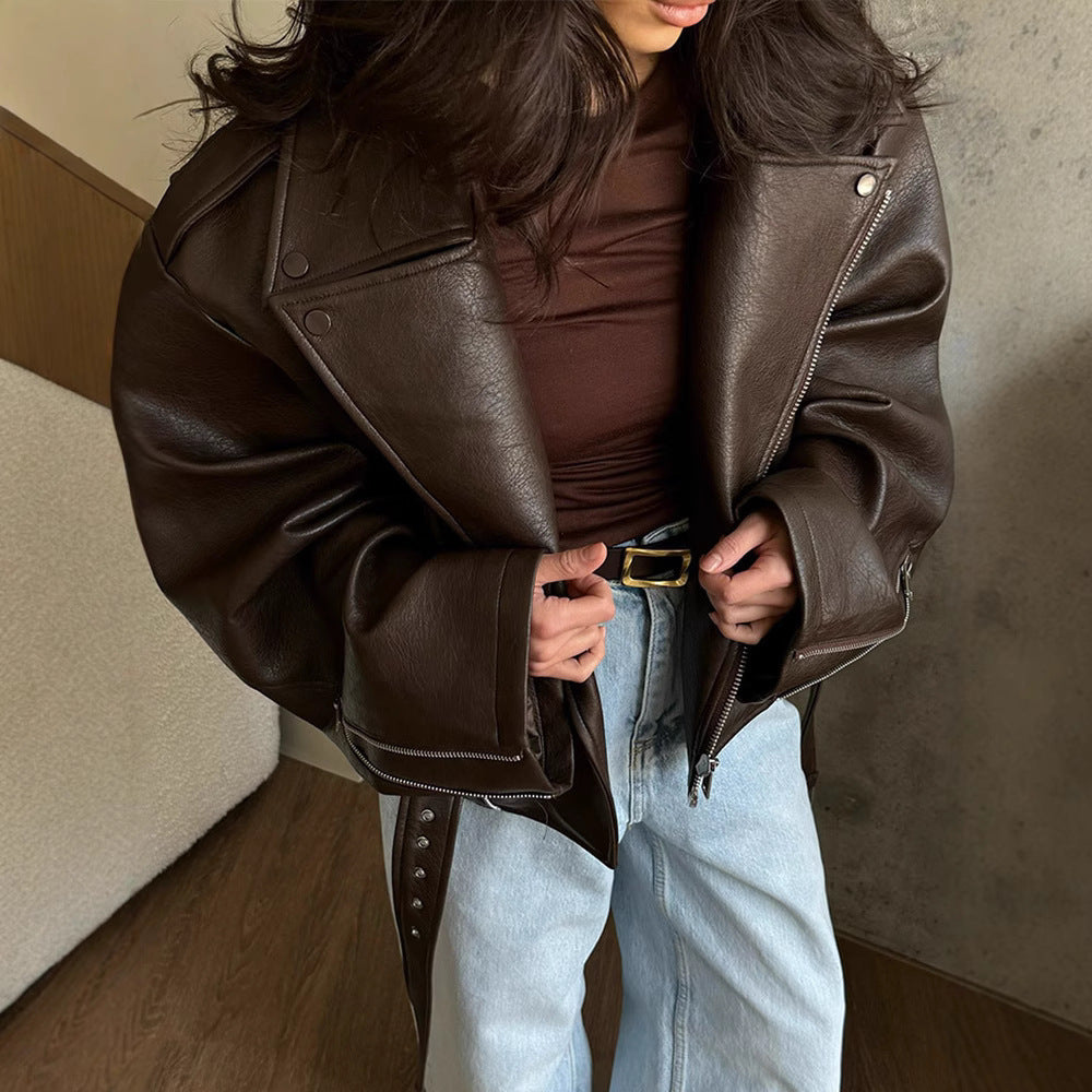 Damen modische Bikerjacke mit breitem Kragen und Taillengürtel Drune