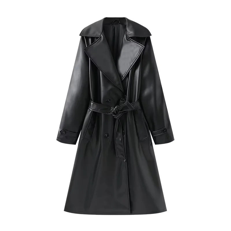 Damen nan lang geschnittener Trenchcoat aus veganem Lederimitat mit weitem Schalkragen und Bindegürtel Drune