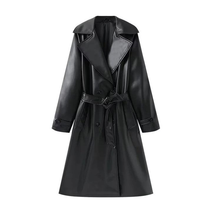 Damen nan lang geschnittener Trenchcoat aus veganem Lederimitat mit weitem Schalkragen und Bindegürtel Drune