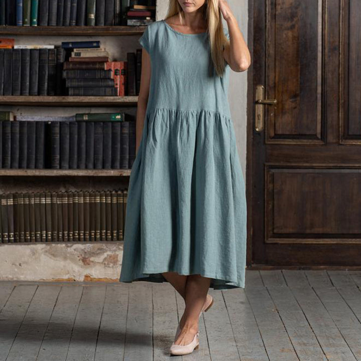 Damen luftiges Leinen-Midikleid mit tailliertem Schnitt und voluminösem Saum Drune