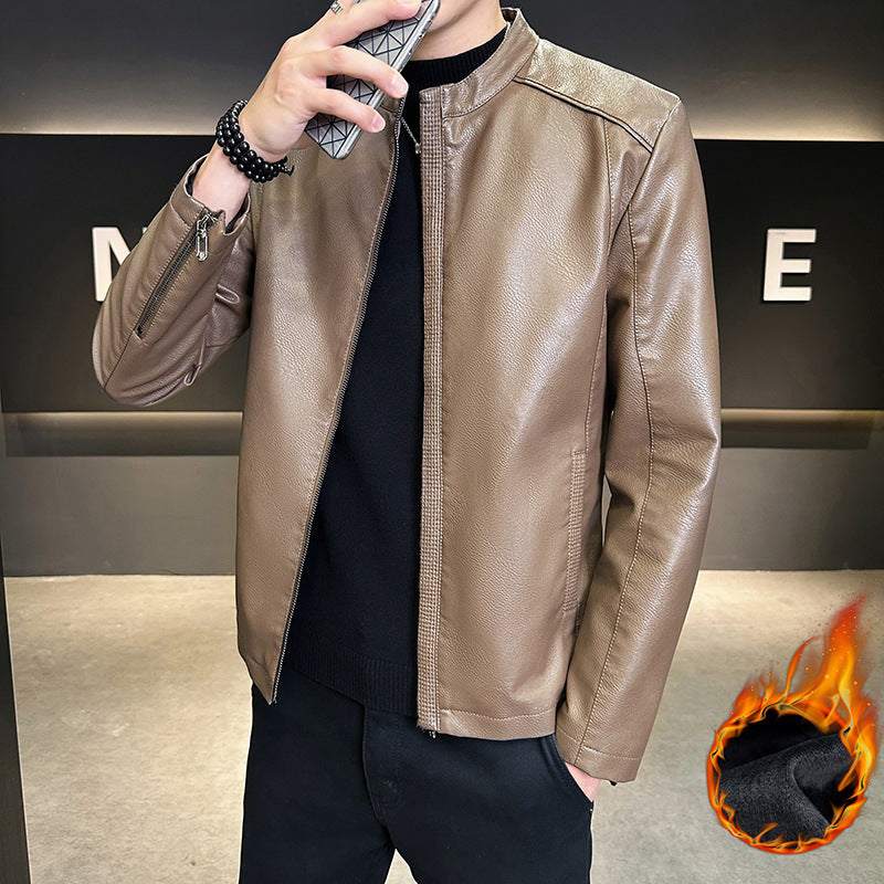 Herren Modische Kunstlederjacke mit hohem Kragen Drune