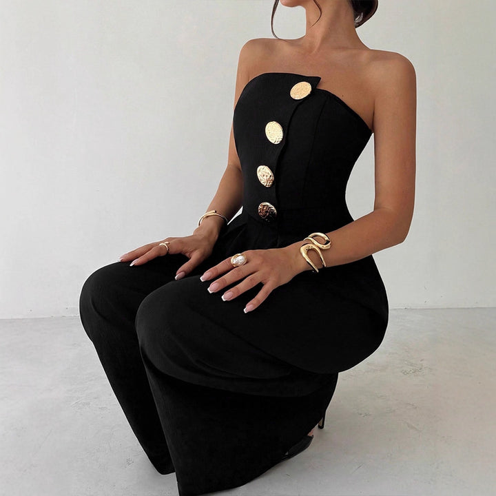 Damen Elegantes Jumpsuit mit asymmetrischem Ausschnitt und dekorativen Knöpfen Drune