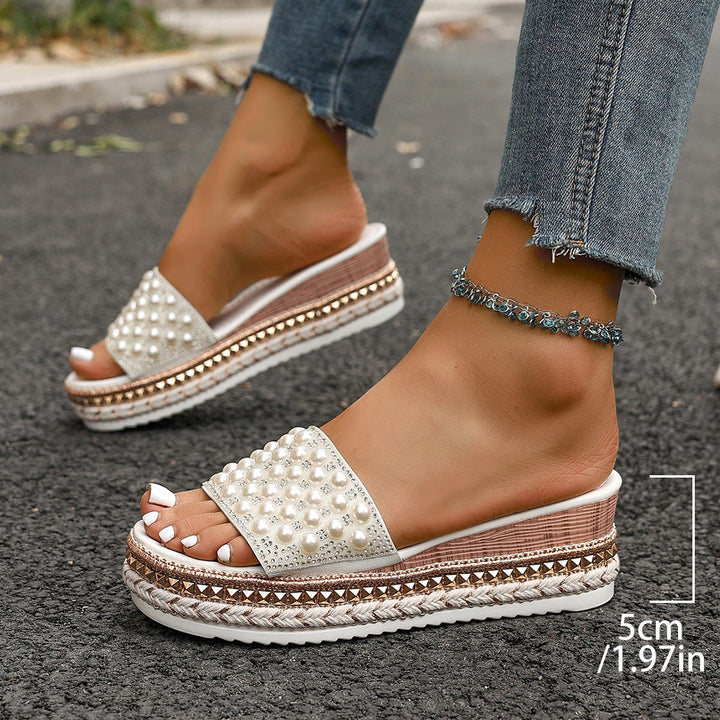 Damen Elegante Wedge-Pantoletten mit Perlenverzierungen und rutschfester Sohle Drune