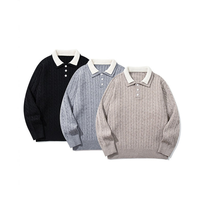Unisex Polo-Strickpullover mit Zopfstrick und Kontrastkragen Drune