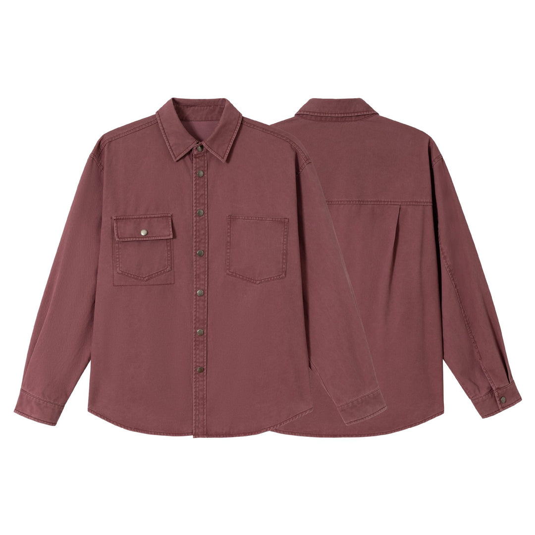 Damen Oversize Hemdjacke im Shacket‑Stil aus gewaschenem Baumwolltwill mit Druckknopfverschluss Drune