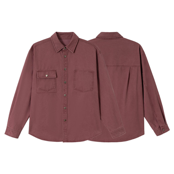 Damen Oversize Hemdjacke im Shacket‑Stil aus gewaschenem Baumwolltwill mit Druckknopfverschluss Drune