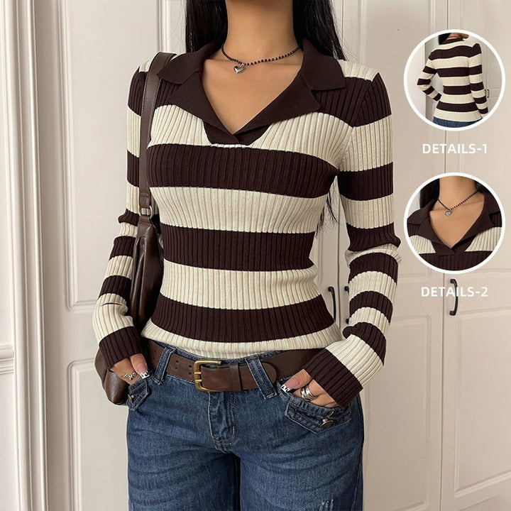 Damen Langarm Strickoberteil mit Polo-Kragen Drune