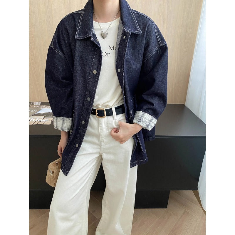 Damen lässige Jeansjacke im Vintage-Stil mit aufgesetzten Taschen und Druckknöpfen Drune