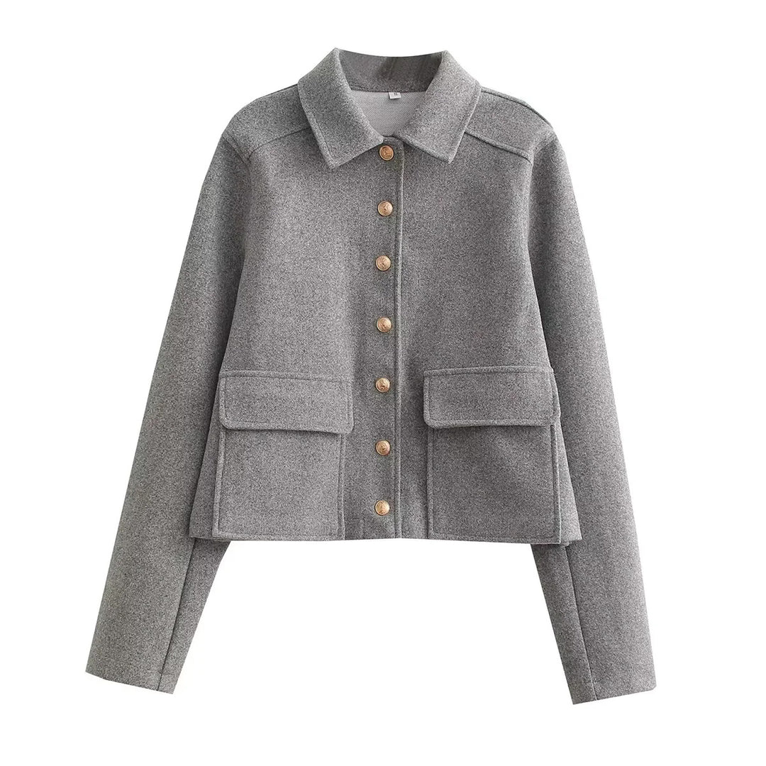 Damen nan kurzer Wollmix Overshirt mit aufgesetzten Klappentaschen und Zierknopfleiste Drune