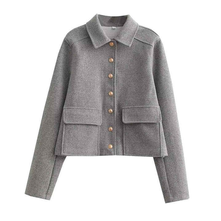 Damen nan kurzer Wollmix Overshirt mit aufgesetzten Klappentaschen und Zierknopfleiste Drune