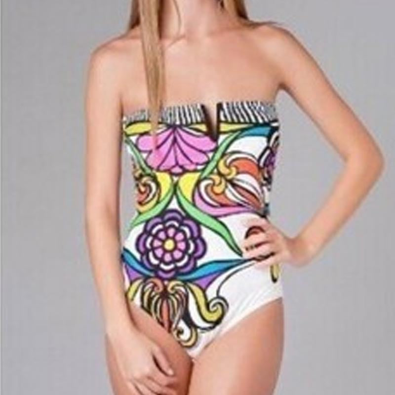 Damen Bandeau Badeanzug mit verschlussfreier Vorderseite und buntem Floral-Muster Drune