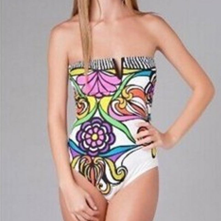 Damen Bandeau Badeanzug mit verschlussfreier Vorderseite und buntem Floral-Muster Drune