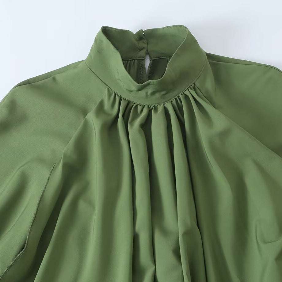Damen Fließendes Maxikleid mit Ballonärmeln, Rüschendetails und Stehkragen Drune