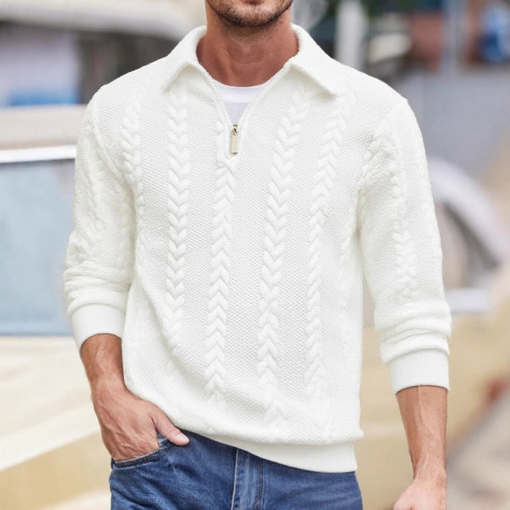 Herren Feinstrukturierter Zopfstrickpullover mit Kurzreißverschluss und Kentkragen Drune