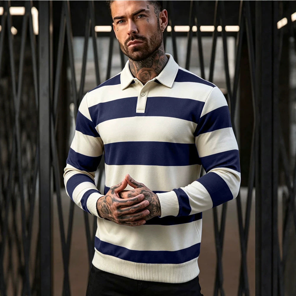 Herren gestreifter Rugby-Polo-Pullover mit Knopfleiste und Rippbündchen Drune