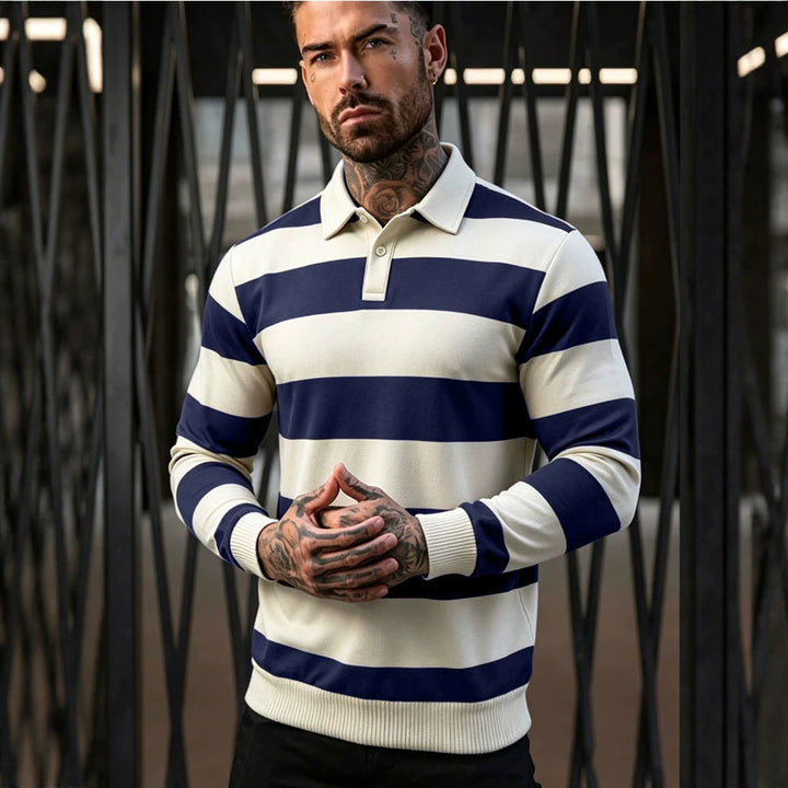 Herren gestreifter Rugby-Polo-Pullover mit Knopfleiste und Rippbündchen Drune