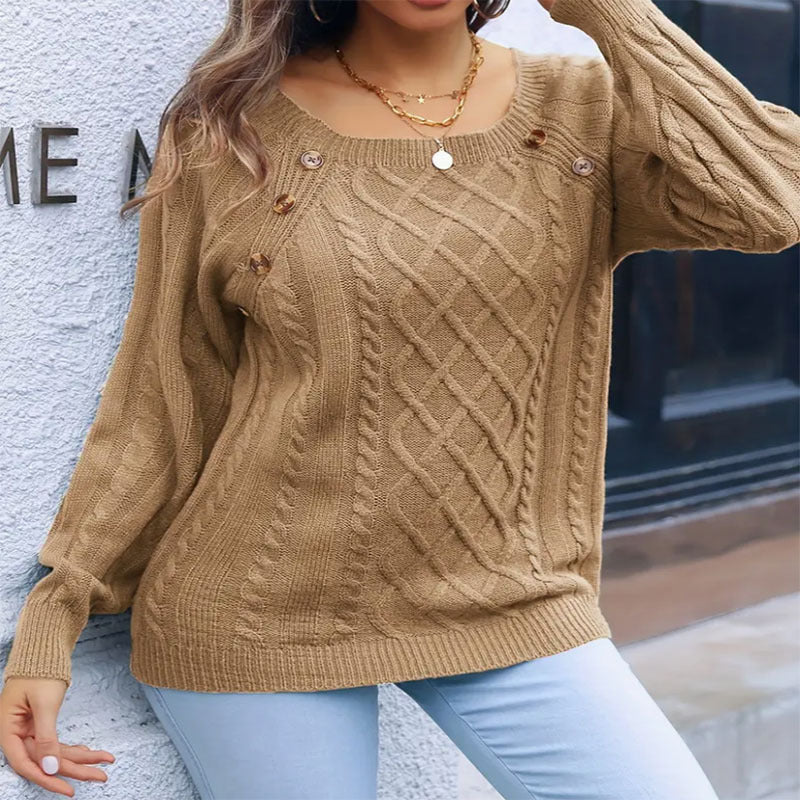 Damen Grobstrickpullover mit dekorativen Knöpfen und modernen Zopfmuster Drune