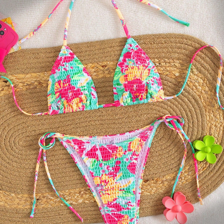 Damen Triangel-Bikini mit buntem Blumenmuster und verstellbarem Bindeband Drune