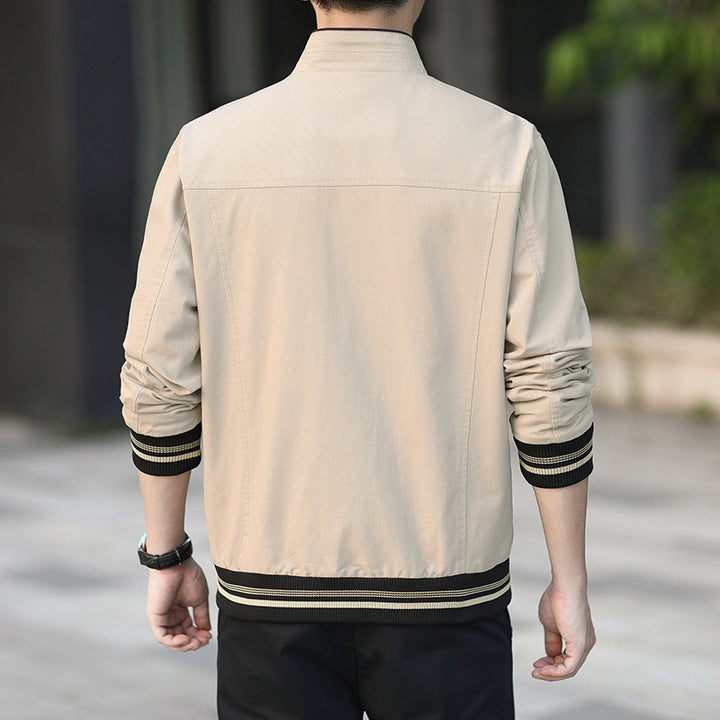 Herren moderner Canvas-Bomberjacke im Worker‑Stil mit gestreiften Rippbündchen und Reißverschluss Drune