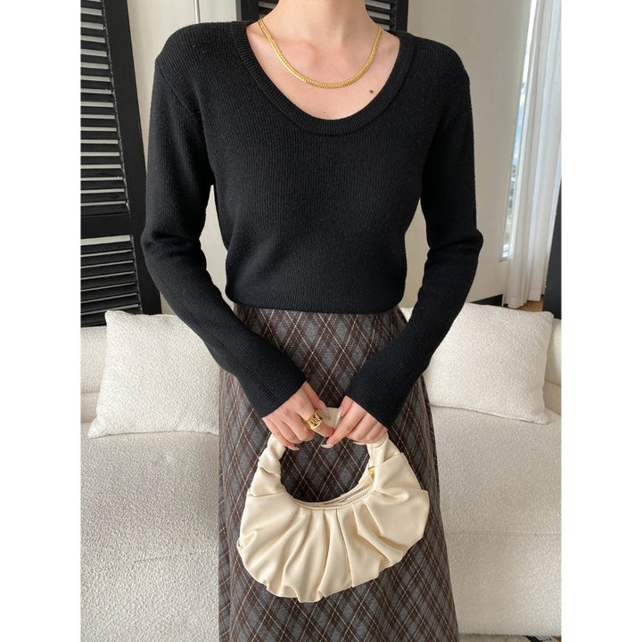 Damen eleganter Feinstrickpullover mit tiefem V-Ausschnitt und langen Ärmeln Drune