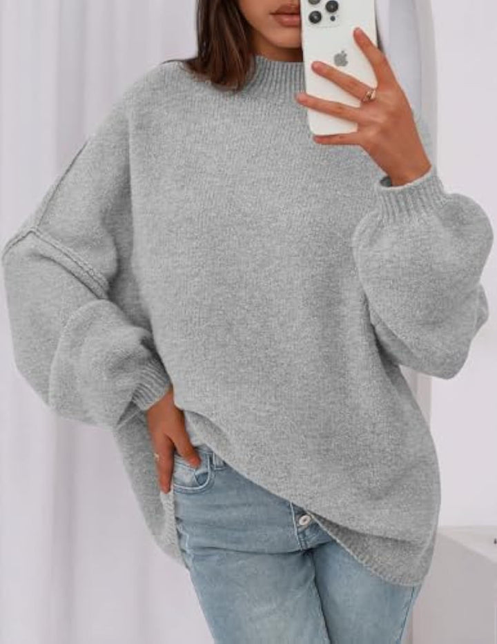 Damen Oversize-Strickpullover mit Stehkragen und Ballonärmeln Drune