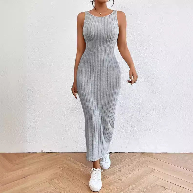 Damen figurbetontes Langarm-Maxikleid mit Rippenstruktur und Rundhalsausschnitt Drune